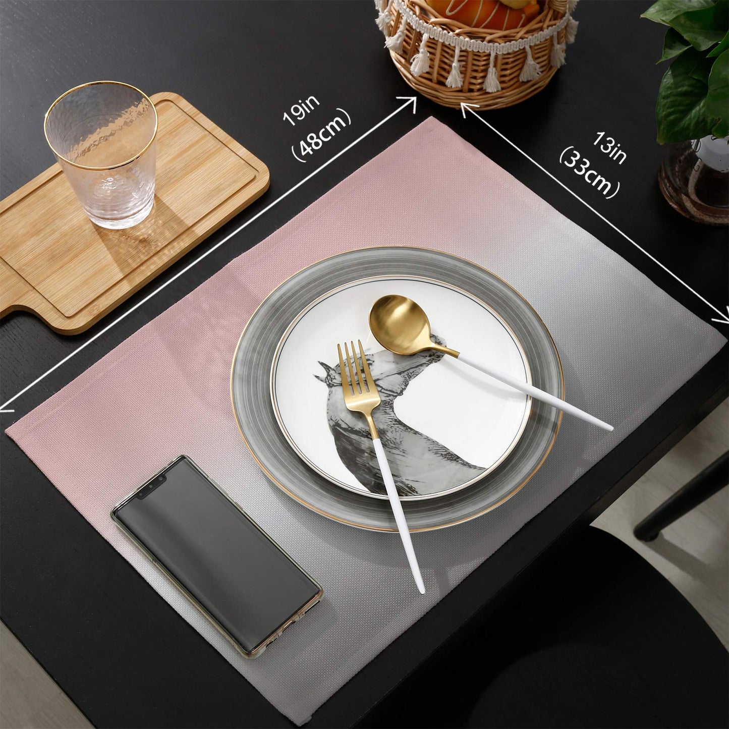 LaBLUUX Table Runner with 6 Place Mats, Gradient Color Pink Gray Cotton-Linen Dining Mat Sets Heat Resistant Washable Placemat for Dining Table/Kitchen/Living Room/Office/Picnic 13x90 Inch