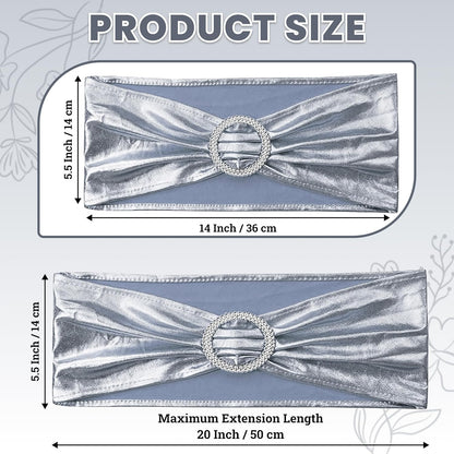 MDS Spandex Foil Chair Sashes - Universal Fit Elastic Stretch Bands with Buckle for Weddings | Metallic Silver - Pack of 10