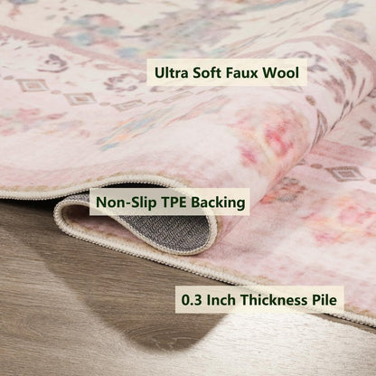 auruge Area Rug - Vintage 3x5 Non-Slip Backing Area Rugs Light Pink Soft Faux Wool Carpet Foldable & Machine Washable Rugs for Living Room Bedroom Dining Room Nursery Home Office