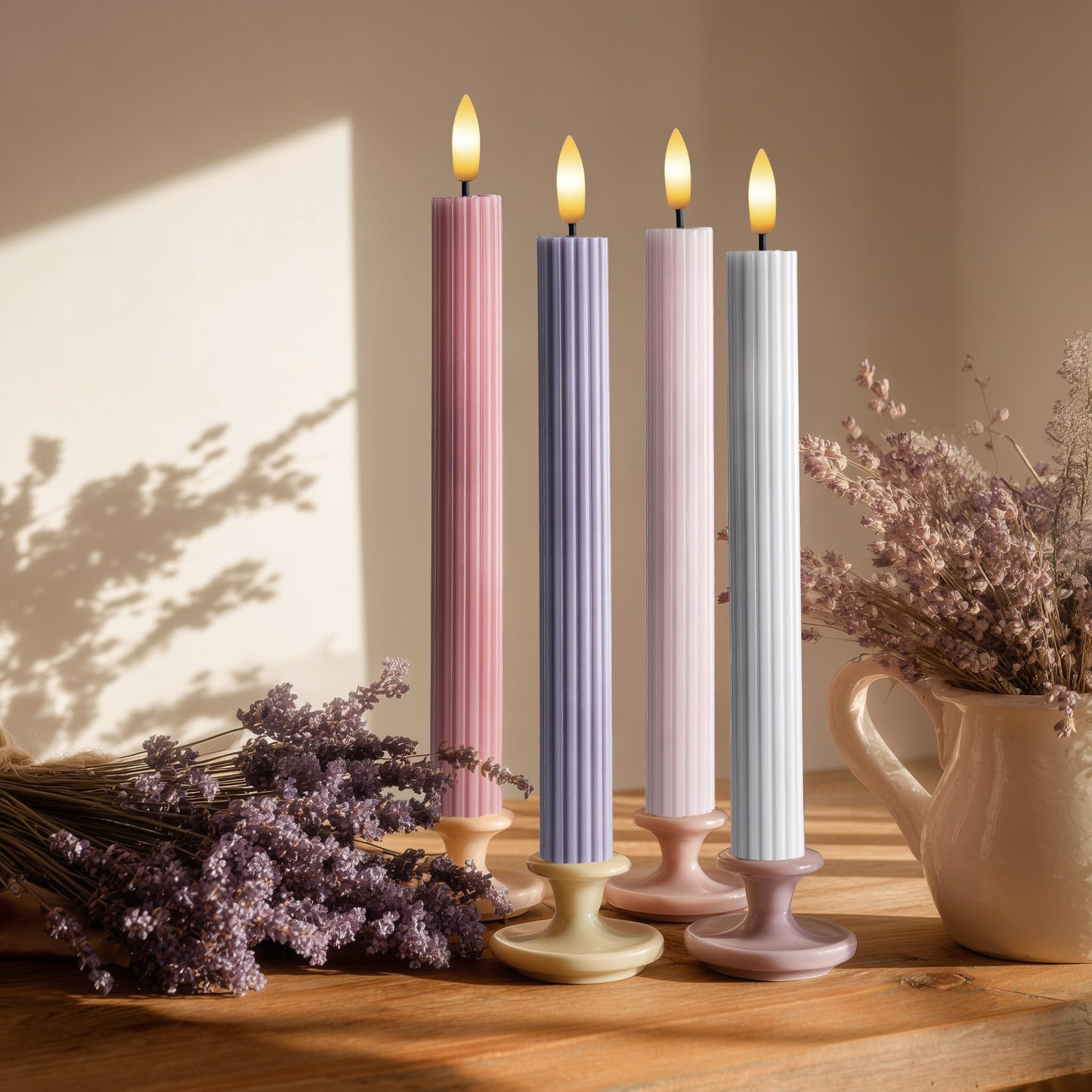 WYZworks Coordinated Dusty Mauve Pinkish Lilac 4 Pack, 10" Real Wax LED Flameless Fluted Ribbed Grooved Taper Candles, Remote & Timer Memory, On/Off Button, Dimmable, Battery Operated, Menorah Wedding