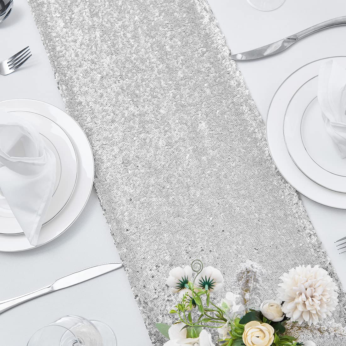 2 Packs 12 x 108 inches Silver Sequin Table Runner, Glitter Silver Table Runner for Wedding Birthday Bachelorette Holiday Party Supplies Decorations Bridal Shower Baby Shower