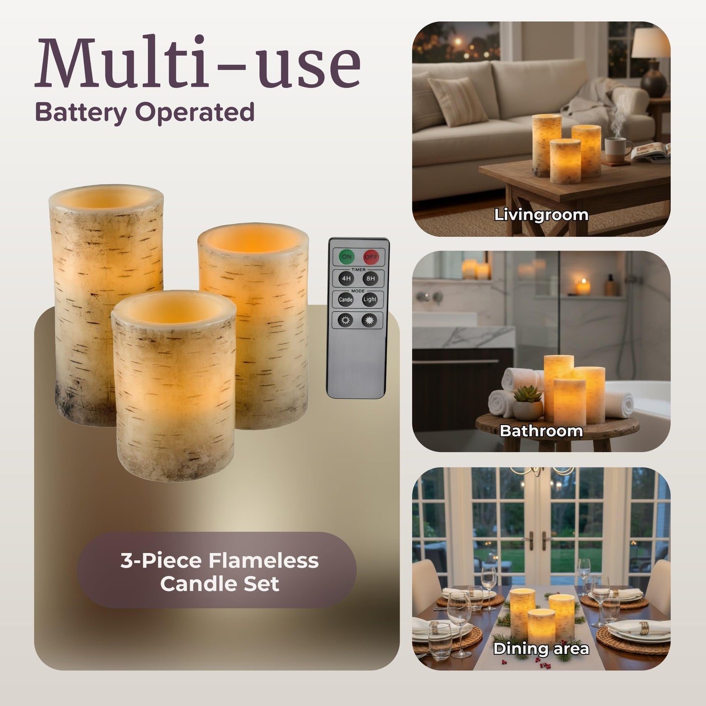 Flameless Candles - 3-Pack Faux Birch Bark Battery Operated LED Candles with Remote and Flickering Light for Home Décor by Lavish Home