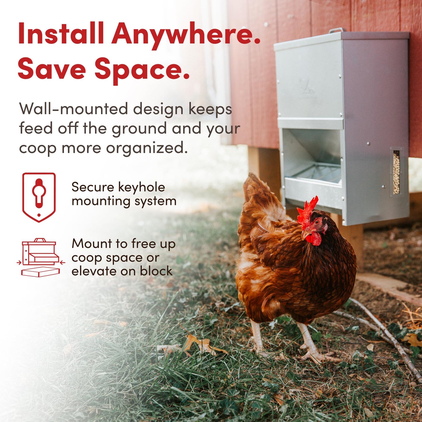 RentACoop Metal Trough Feeder with Lid & Rain Cover – Galvanized Steel, Gravity-Fed – Side View Window – Moveable Grate for Easy Cleaning – Suitable for Chickens, Ducks, Poultry & More – 50lb Capacity