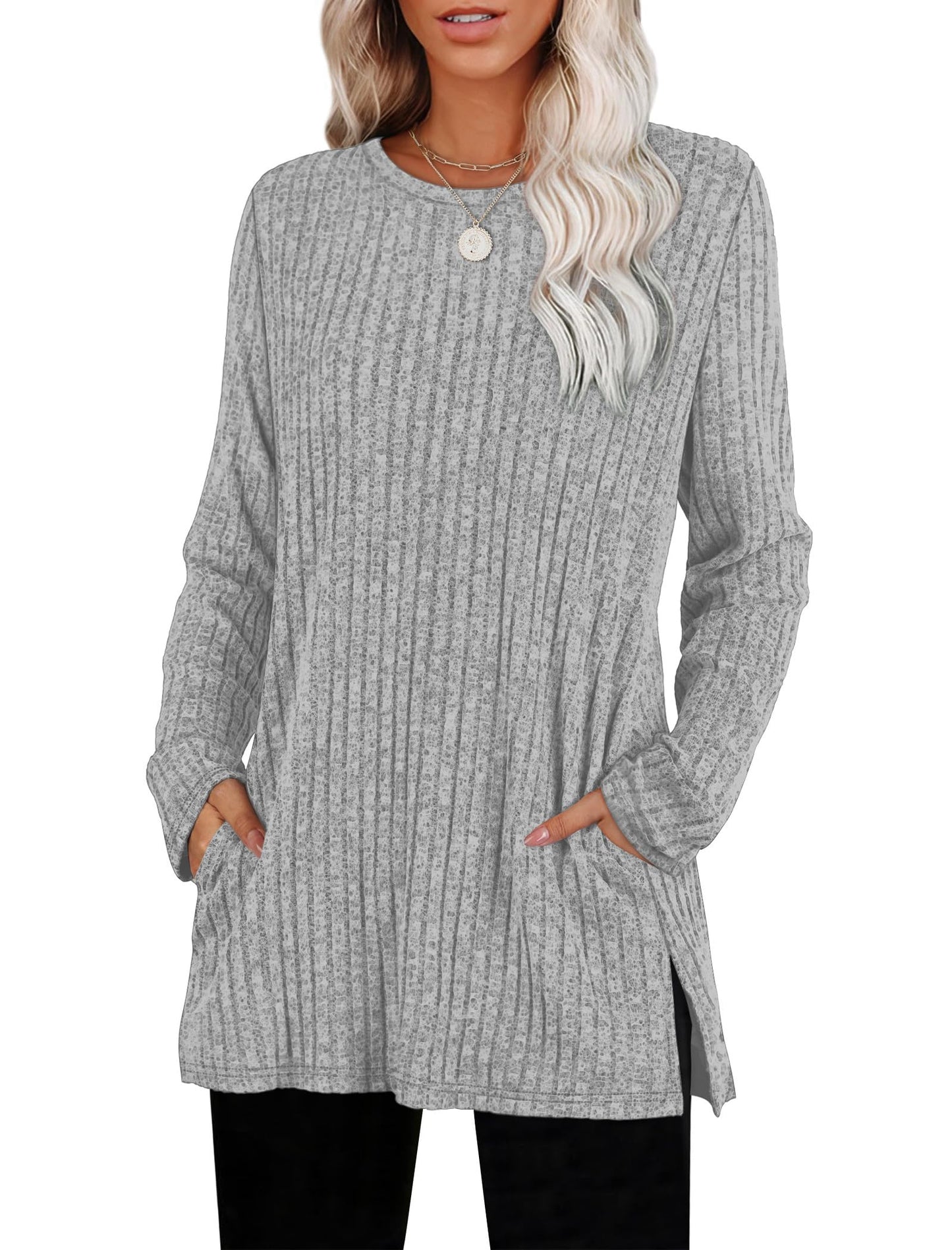 SAMPEEL Womens Sweaters Crewneck Long Sleeve Shirts with Pockets Fall Outfits 2025 Fashion Winter Clothing Side Slit