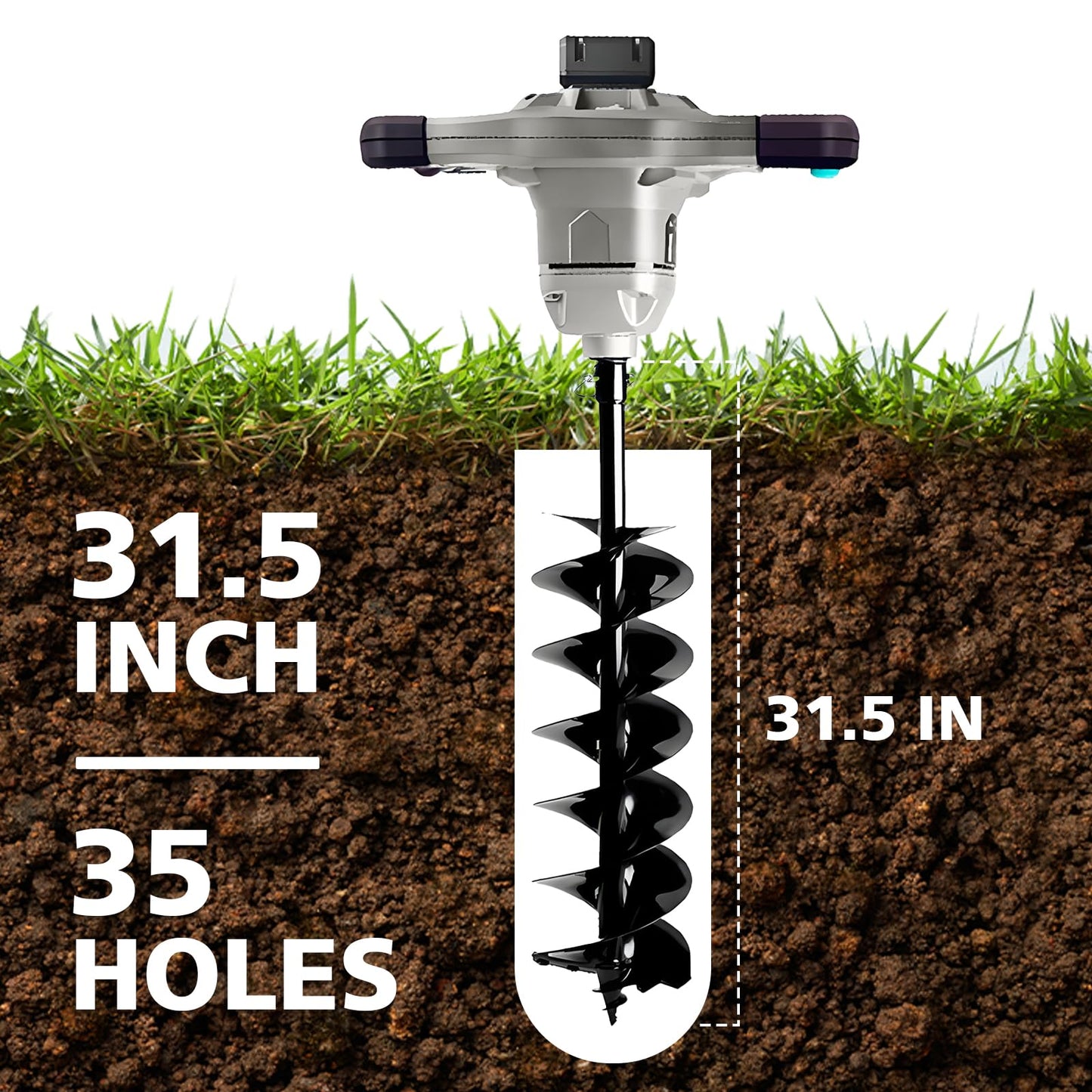 40V Brushless Cordless Earth Auger 6 Inch Post Hole Digger w/ 2,5AH Battery, 4A Charger, Led Work Light，Forward & Reverse Direction