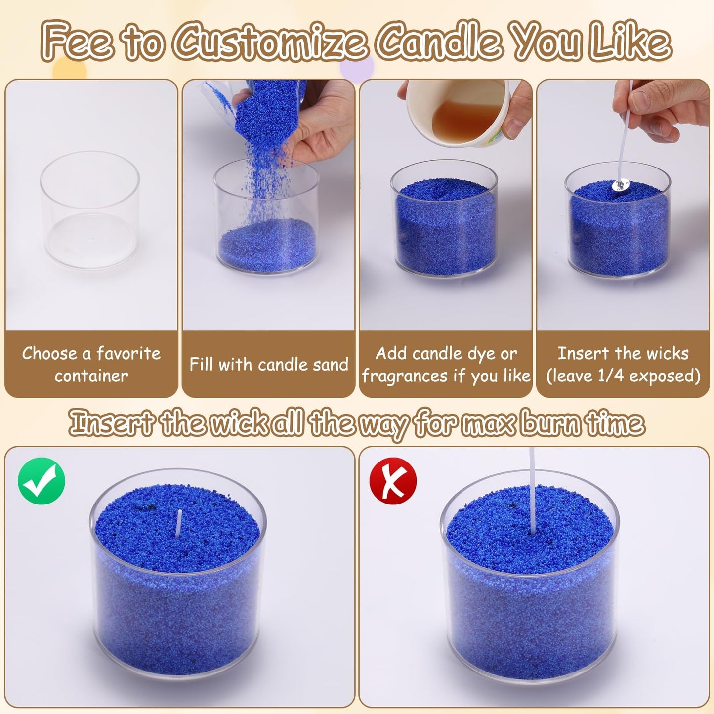 MECCANIXITY Pearled Sand Candles with 50 Pcs Wicks 21Oz / 600g Candle Beads Refillable Powder Sand Wax Making Kit for Thanksgiving Christmas Wedding Party DIY Home Crafts, Light Orange