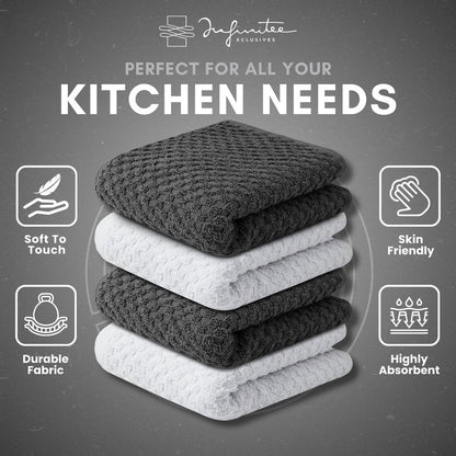 Infinitee Xclusives Premium Dish Cloth 100% Cotton 12 x 12 Inches |Pack of 4| - Ultra Soft Tea Towels - Highly Absorbent Kitchen Rags - Terry Dishcloth for Kitchen and Household Cleaning |Grey|