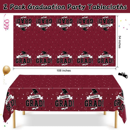 QZYL 2 PCS Graduation Decorations 2026, 108" X 54" Maroon Graduation Table Cloths, Rectangle Table Cloths for Class of 2026 Congrats Grad, Disposable Plastic Tablecover for Grad Decor Party Supplies