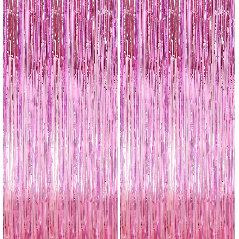 2 Pack 3.28 ft x 6.56 ft Pink Tinsel Curtain Party Backdrop Decorations, Metallic Foil Fringe Backdrop Door for Halloween, Christmas, Birthday Graduation Wedding Party Streamers Photo Backdrop.