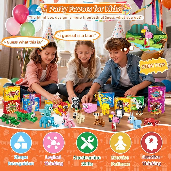 Party Favors for Kids - 24 Pack 72 Animal Building Block Toys for Goodie Bag Stuffers Easter Classroom Prizes Mini Building Set Birthday Party Gifts for Boys Girls Ages 6-12