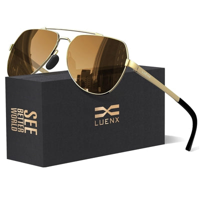 LUENX Men Women Aviator Sunglasses Polarized Shades Flexible Spring Hinge - Brown Lens Gold Metal Frame Large 60mm