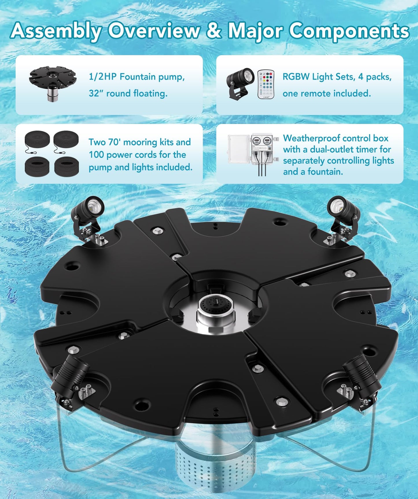 FS02 110V, 1/2 HP, Large Pond Floating Fountain with LED RGB Lights, Oil Free Pump 9000 GPH with 100’ Cord, Two Spray Patterns Included