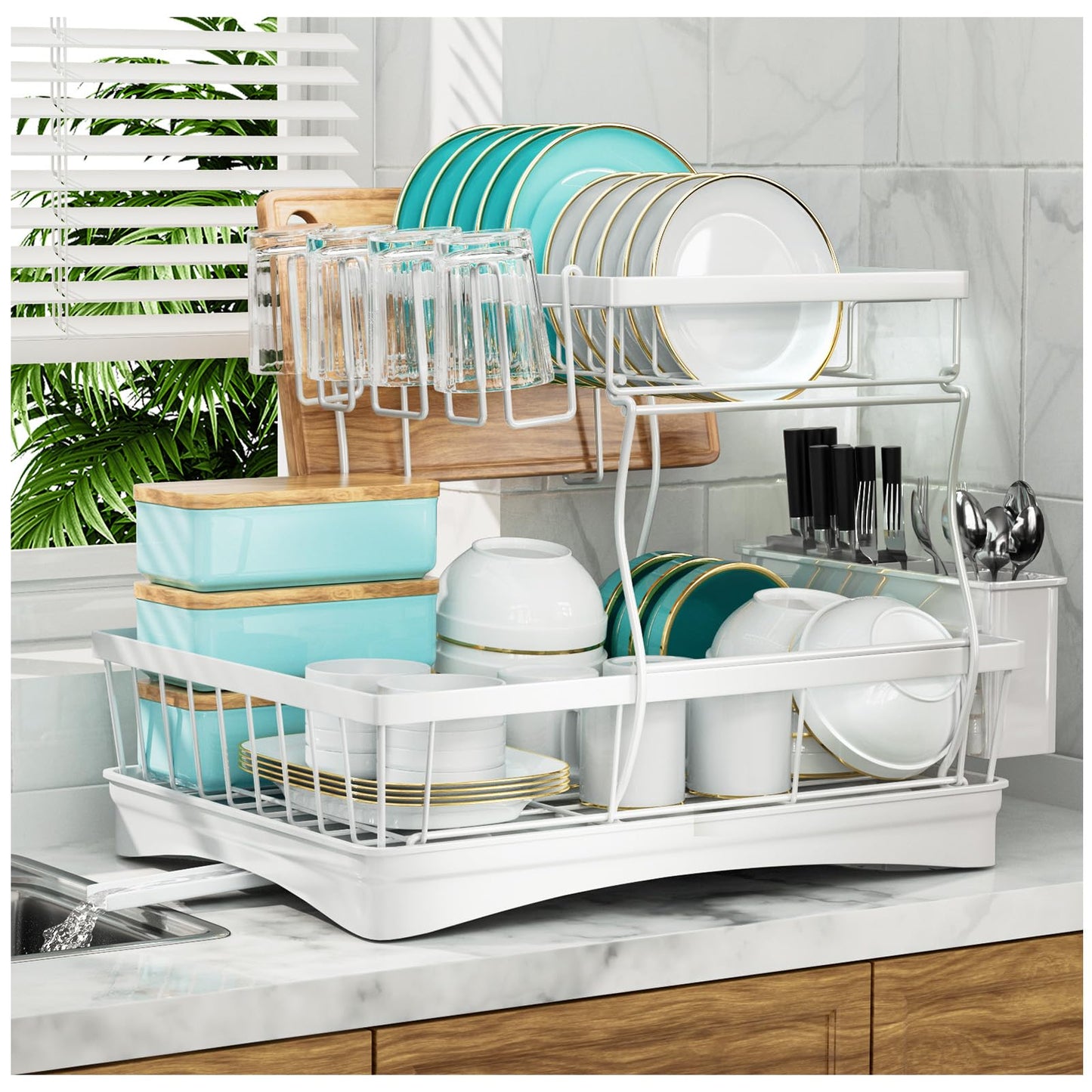 7 code Large Dish Drying Rack for Kitchen Counter, Detachable Large Capacity Dish Drainer Organizer, 2-Tier Dish Racks with Utensil Holder, Black