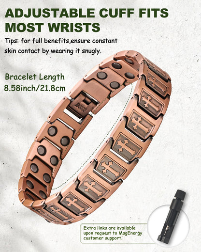 MagEnergy Copper Bracelet for Men, Cross Copper Magnetic Bracelet with Ultra Strength Magnets, Adjustable Link Jewelry Box Gift (Sizing Tool)