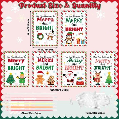 Haooryx Christmas Glow Stick Bracelets Bulk - 36 Pack Merry and Bright Glow Stick Bracelet with Gift Card Light up Toy for Kids Christmas Night School Party Favor Student Reward Game Prize Xmas Supply