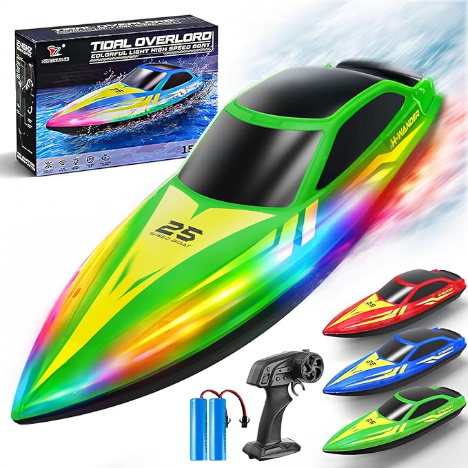 Remote Control Boat with 7-Mode Colorful LED Lights10 Inch RC Boat15KM/H High Speed2.4GHz3 Speed Modes2 Rechargeable BatteriesAuto Flip RecoveryPool &amp Lake Racing Gifts for Kids &amp Adult