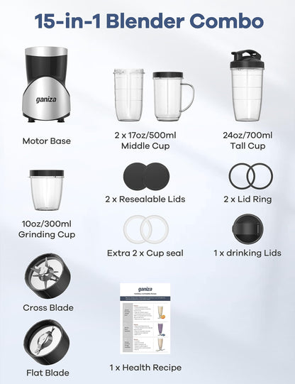 Ganiza Smoothie Blender, 900W Blenders for Shakes and Smoothies, 15-Piece Personal Blender and Grinder Combo for Kitchen, Smoothies Maker with 4 BPA-Free Portable Cup, Nutritious Recipe