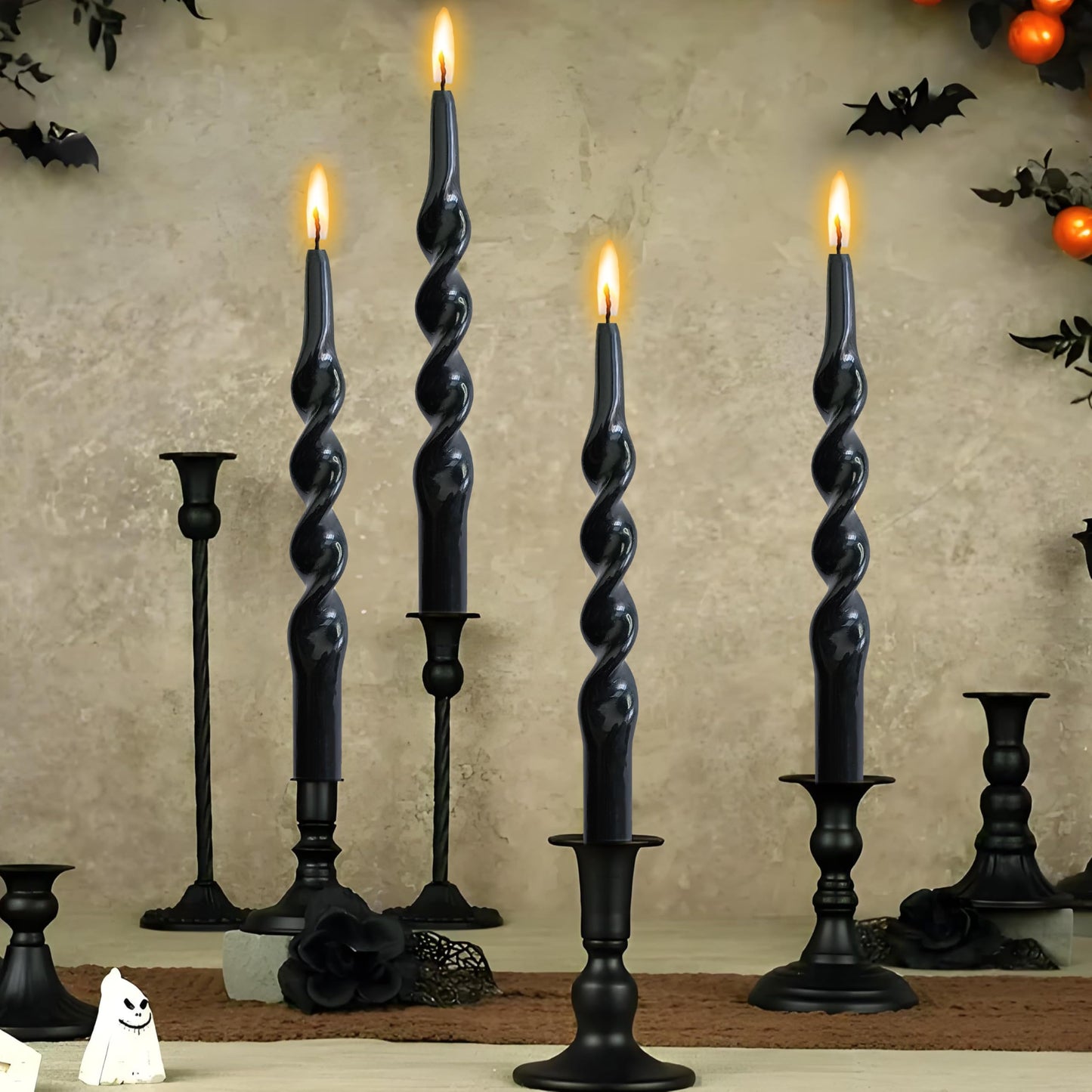 Black Taper Candles 10 Inch Twisted Taper Candle 4 Pack Halloween Candle Sticks Dripless Unscented Candles Stick for Wiccan Rituals Funeral and Memorial Services Wedding Home Party Decor