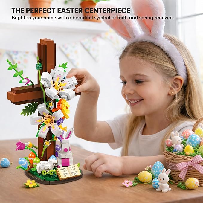 Easter Cross Flower Building Blocks Set - Jesus Botanical Lily Cross with Bunny Lamb &amp Eggs - Religious Christian Gifts for Women &amp Adults - Spring Resurrection Home Decor