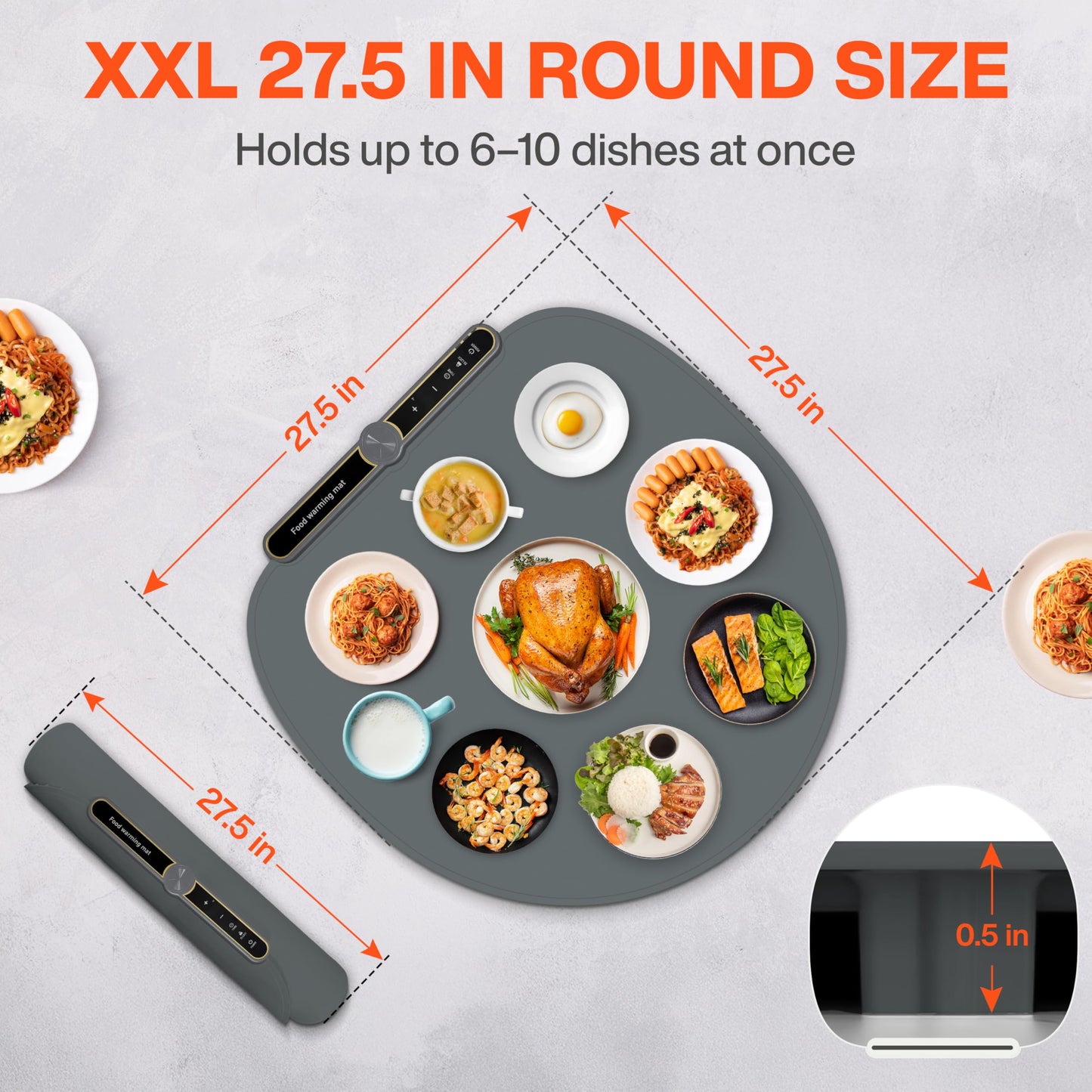 Round Food Warming Mat XXL 27.5''x27.5'' (Gray) - Electric Food Warming Tray with 9 Temp Levels - Silicone Food Warmers for Parties Buffet with Timer, Child Lock & Fast Heating