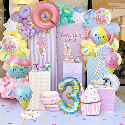 10Pcs Ice Cream Balloons, Donut Candy Birthday Number Mylar Foil Balloon Ice Cream Theme 3rd Birthday Party Supplies Decorations