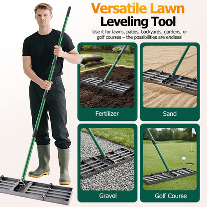 30"x10" Lawn Leveling Rake, Heavy Duty Lawn Leveler with 33"-77" Adjustable Handle, Foldable Ground Leveling Tool for Soil, Sand, Gravel, Ergonomic Design for Lawns, Golf Courses and Backyards