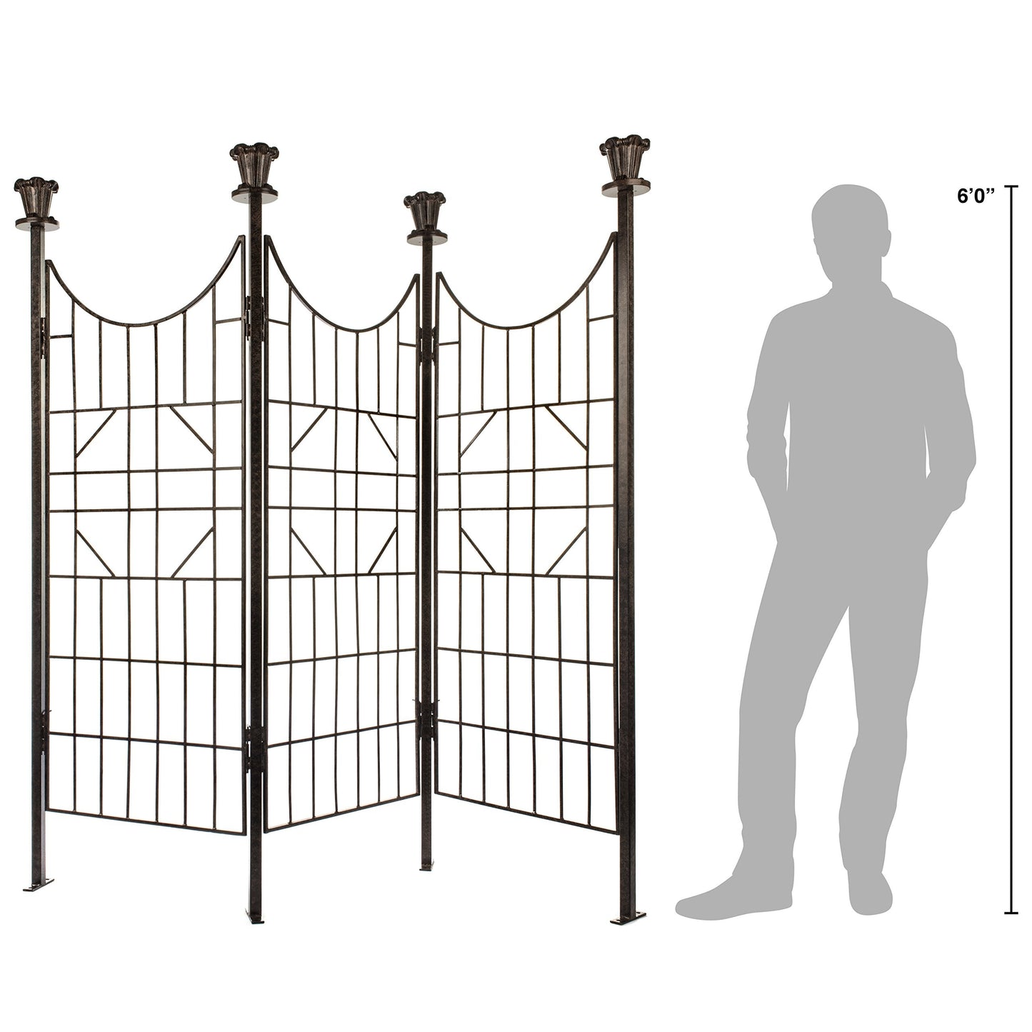 H Potter 3-Panel Outdoor Privacy Screen Trellis, 7 ft W x 6.5 ft H, 70-lb Heavy Iron Garden Screen for Patio, Deck & Hot Tub, Straight or Curved Config, Ground Spikes