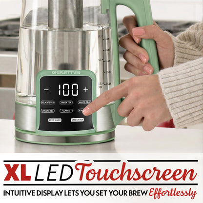 Gourmia Electric Glass Kettle – 1.7L Programmable Tea & Coffee Brewer with Digital Touch Display, 6 Presets, Removable Stainless Steel Infuser, Cordless with 360° Swivel Base, Green