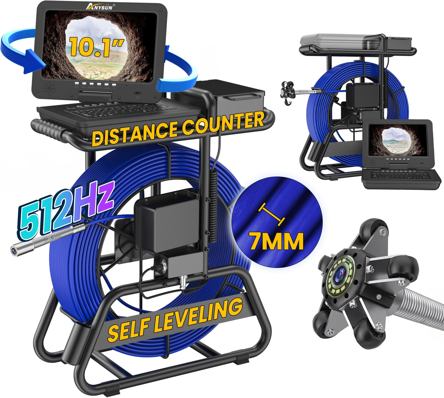 Anysun Sewer Camera 512Hz, Self-Leveling & Distance Counter, 7mm Thicker Cable, Keyboard, 10" IPS Adjustable Monitor,1-Touch Video/Audio, Drain Pipe Inspection Camera IP68 with DVR & 16GB Card - 165Ft