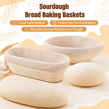 Sourdough Bread Baking Supplies, 2 Pack Banneton Bread Proofing Basket 10 inch Round & 10 inch Oval Proofing Bowls for Sourdough Bread with Liner Making Baking Fermentation Tools
