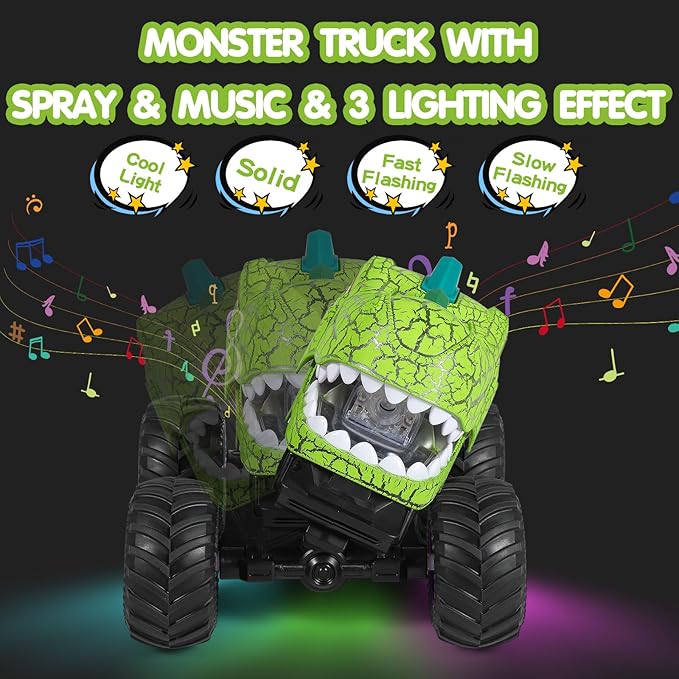 DYODYORC Remote Control Car 2.4Ghz All Terrain Dinosaur Monster Truck Toys RC Truck with Spay Music 3 Lighting Effects Stunt Capable Toy Gifts for Boys and Girls (Green Purple)