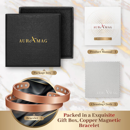 Auramag Copper Bracelets for Women, Magnetic Bracelet for Men with 3500 Gauss Magnets, Adjustable Jewelry with Gift Box(2 PCS)