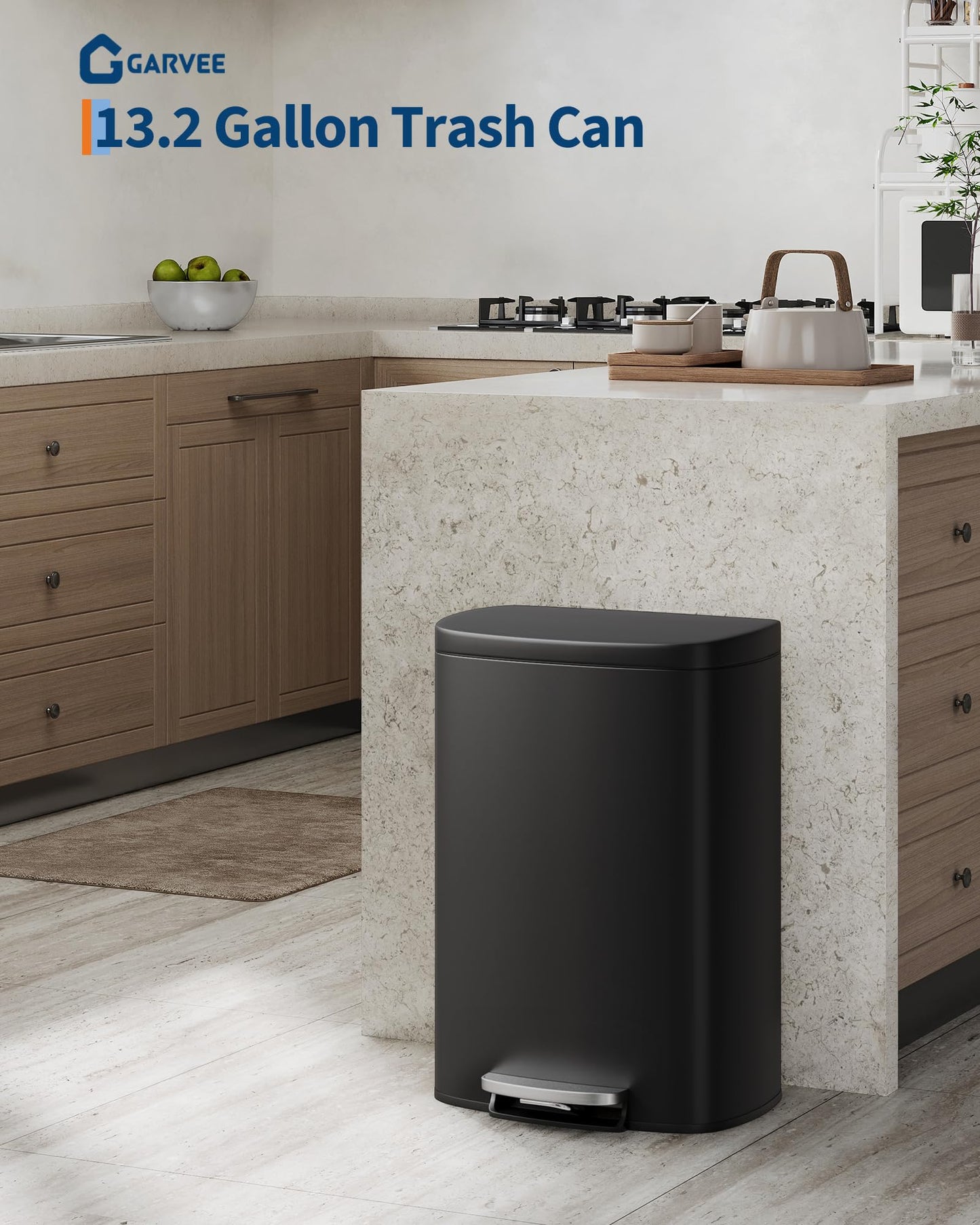 Garvee 13 gal / 50 L Metal Kitchen Trash Can with Lid, Large Rustproof Garbage Can for Kitchen, Step-on Trash Bin with Inner Bucket, Rear Handle, Soft Close Lid, Black