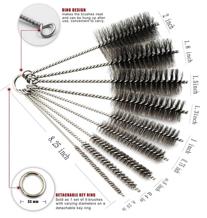 Pipe Cleaning Brush Set Stainless Steel Bristles, Stainless Steel Pipe Brush Steel Bottle Brush 9 Piece Variety Pack for Auto Parts, Bottles, Tubes, Etc.