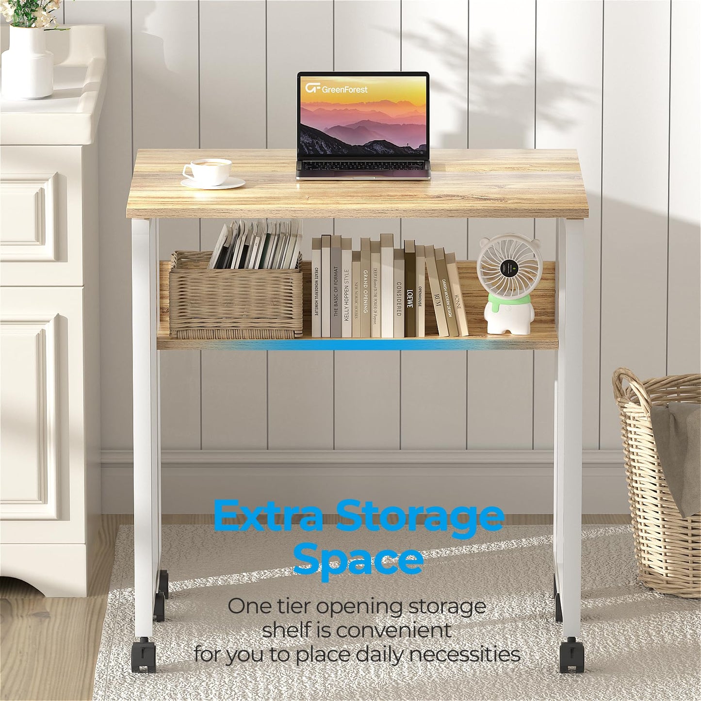 GreenForest Folding Desk Small Rolling Desk with Storage Shelf,24.8 inch Foldable Computer Desk with Wheels for Small Space,Easy Assembly,Oak
