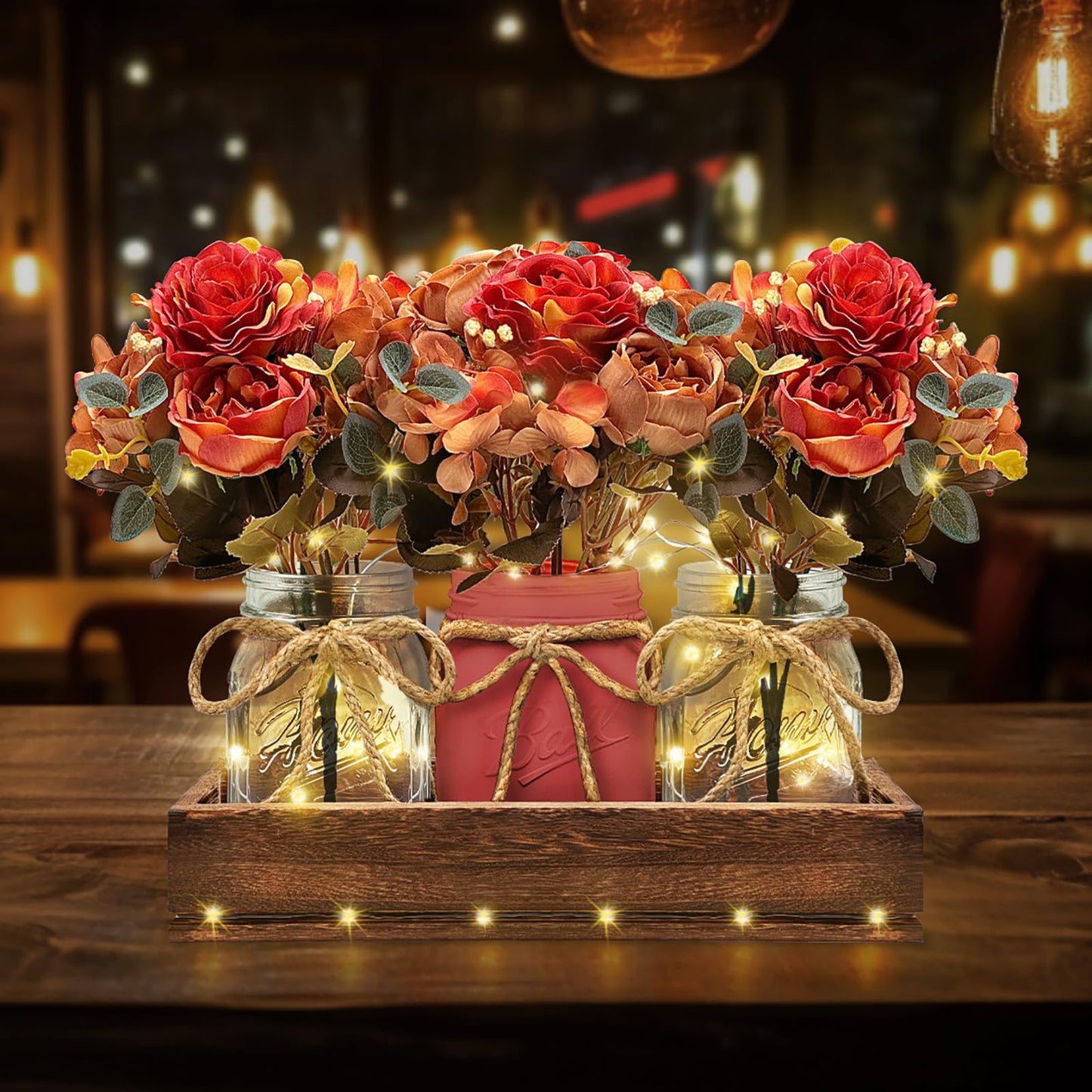 HOMECOR Mason Jar Light Centerpiece Table Decor for Dining Room - Farmhouse Centerpiece Table Decorations with Wood Tray and Remote Control LED Lights for Coffee Table Decor Living Room Wedding