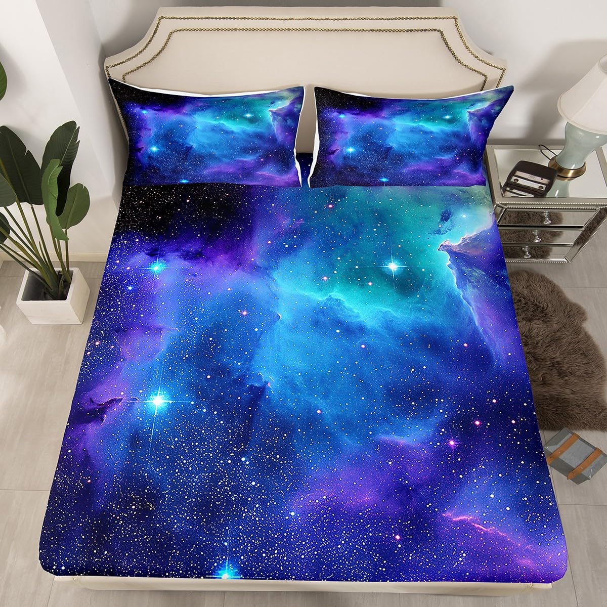 Feelyou Galaxy Sheet Set Queen Size Out Space Bedding Blue Nebula Universe 100% Microfiber Deep Pockets Bed Sheets 4 Pcs - 1 Falt& 1 Fitted Sheets with 2 Pillow Shams