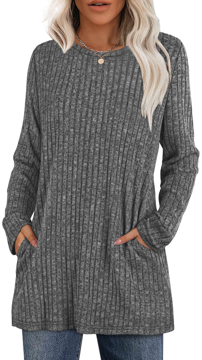 XIEERDUO Long Sleeve Shirts for Women Crewneck Tunic Tops Loose Fit Dressy Womens Sweaters with Pockets Fall Fashion 2025