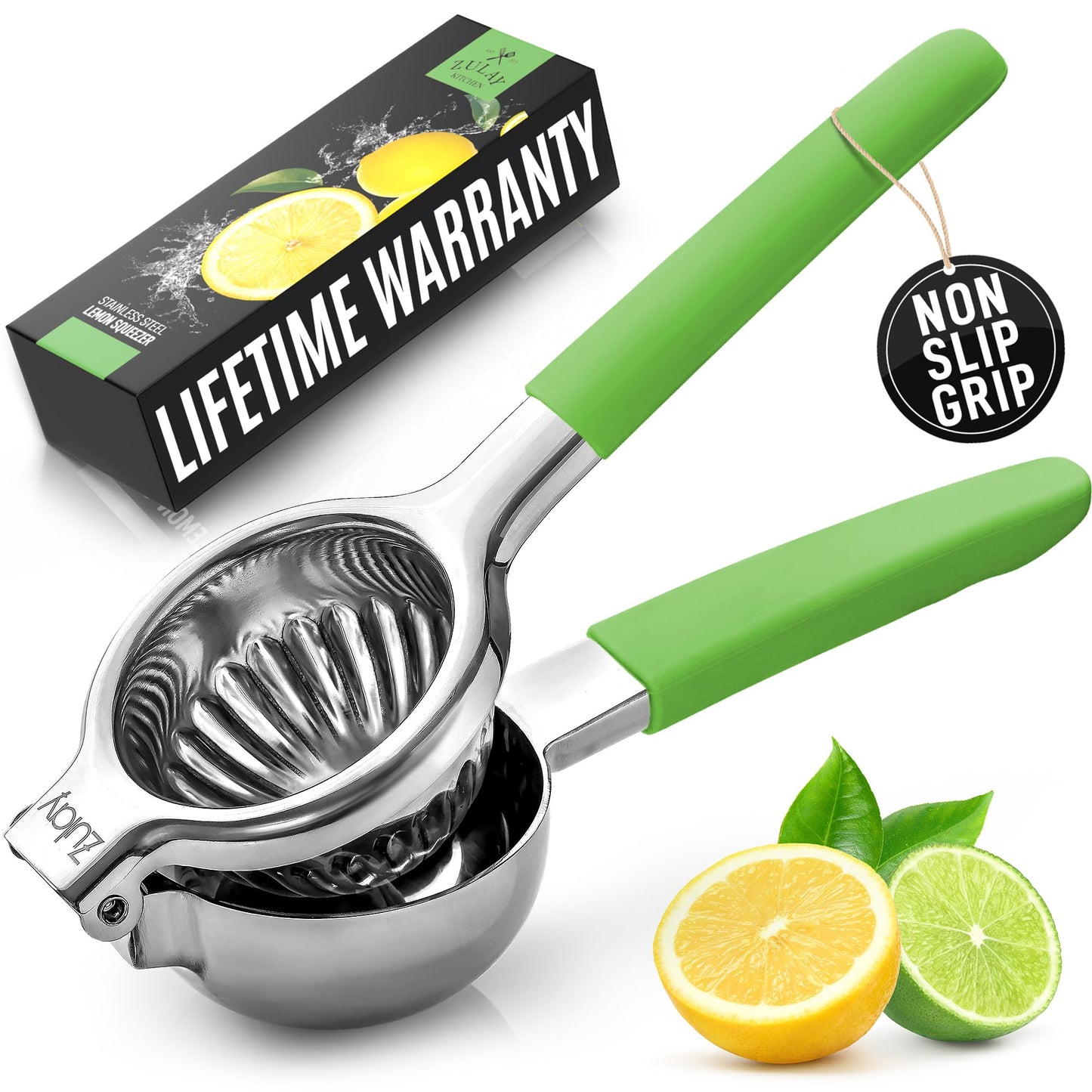 Zulay Lemon Squeezer Stainless Steel with Premium Heavy Duty Solid Metal Squeezer Bowl (Black Grip, Large)