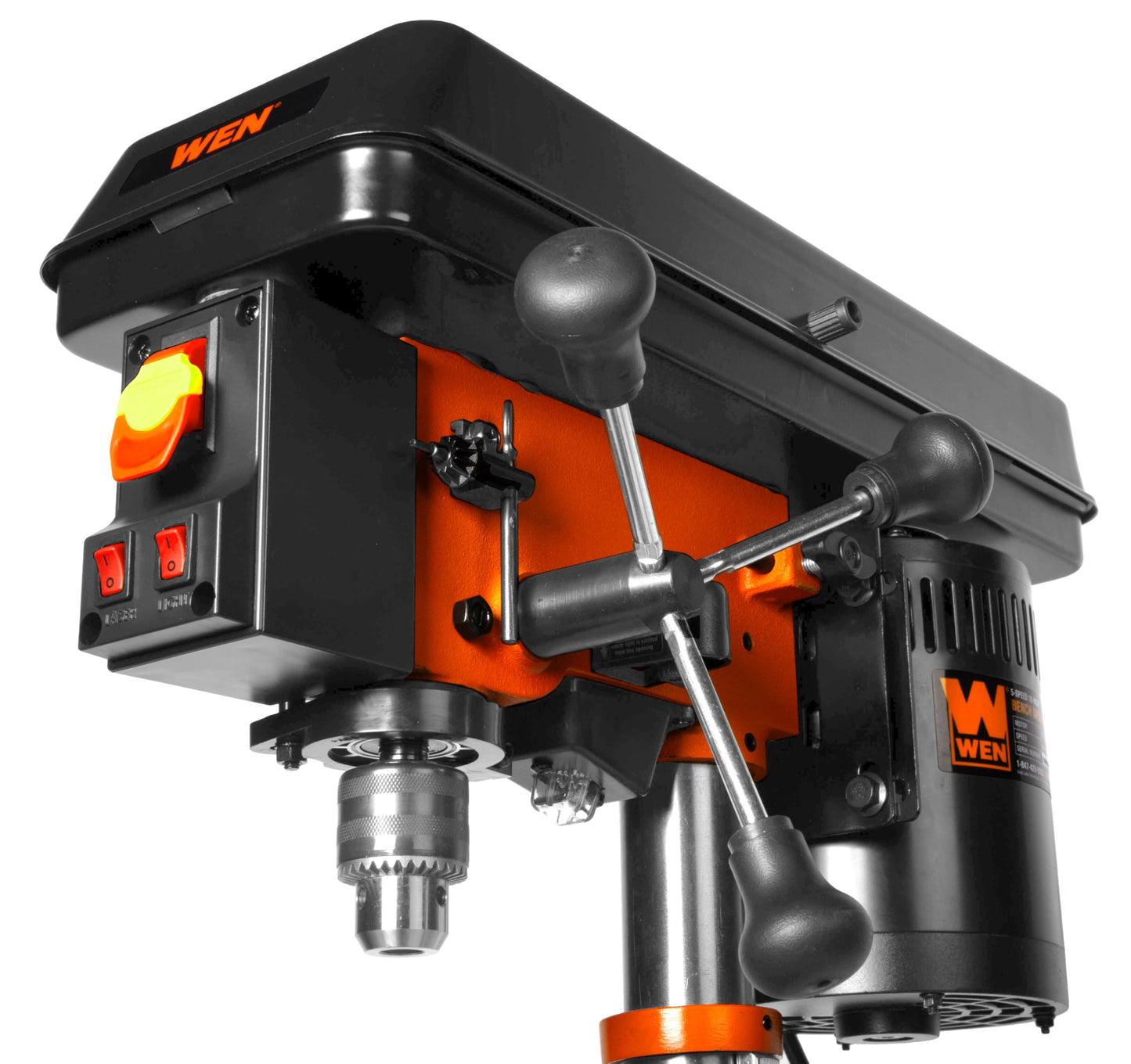 WEN 10-Inch Benchtop Drill Press, Chuck Key Storage, Laser Guide, 6.2-Amp 5-Speed Motor with Cast Iron Construction, Laser and LED Work Light (DP1050)