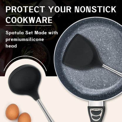 FJNATINH Silicone Spatula - Ladle - Skimmer Wok Tool Set,Stainless Steel Non Stick Heat-Resistant Cooking Utensils BPA Free Kitchen Utensils Cookware with Wooden Handle, Pack of 3