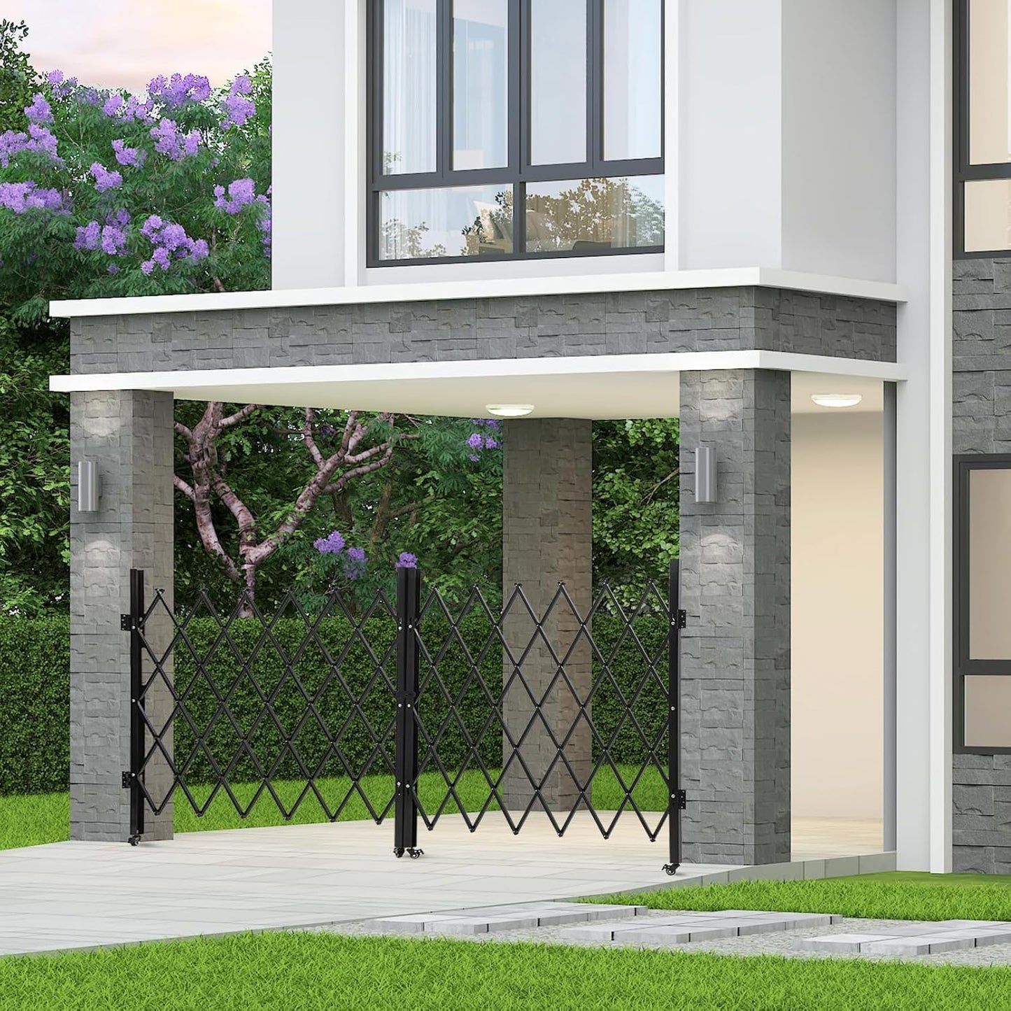 Double Expandable Gate, 64"H x 122"W Folding Security Door Gate, 360° Rolling Barricade Gate, Heavy-Duty Steel Outdoor Retractable Lockable Scissor Gates for Courtyards, Garages, Gardens, Pool