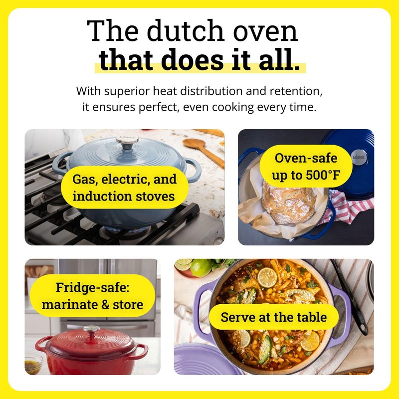 Lodge Essential Enamel Cast Iron Dutch Oven - Perfect for Bread Baking, Braising, Marinating & Slow Cooking - Features Moisture-Sealing Lid & Dual Handles - Kitchen Essentials - 6 Quarts - Cornflower Blue