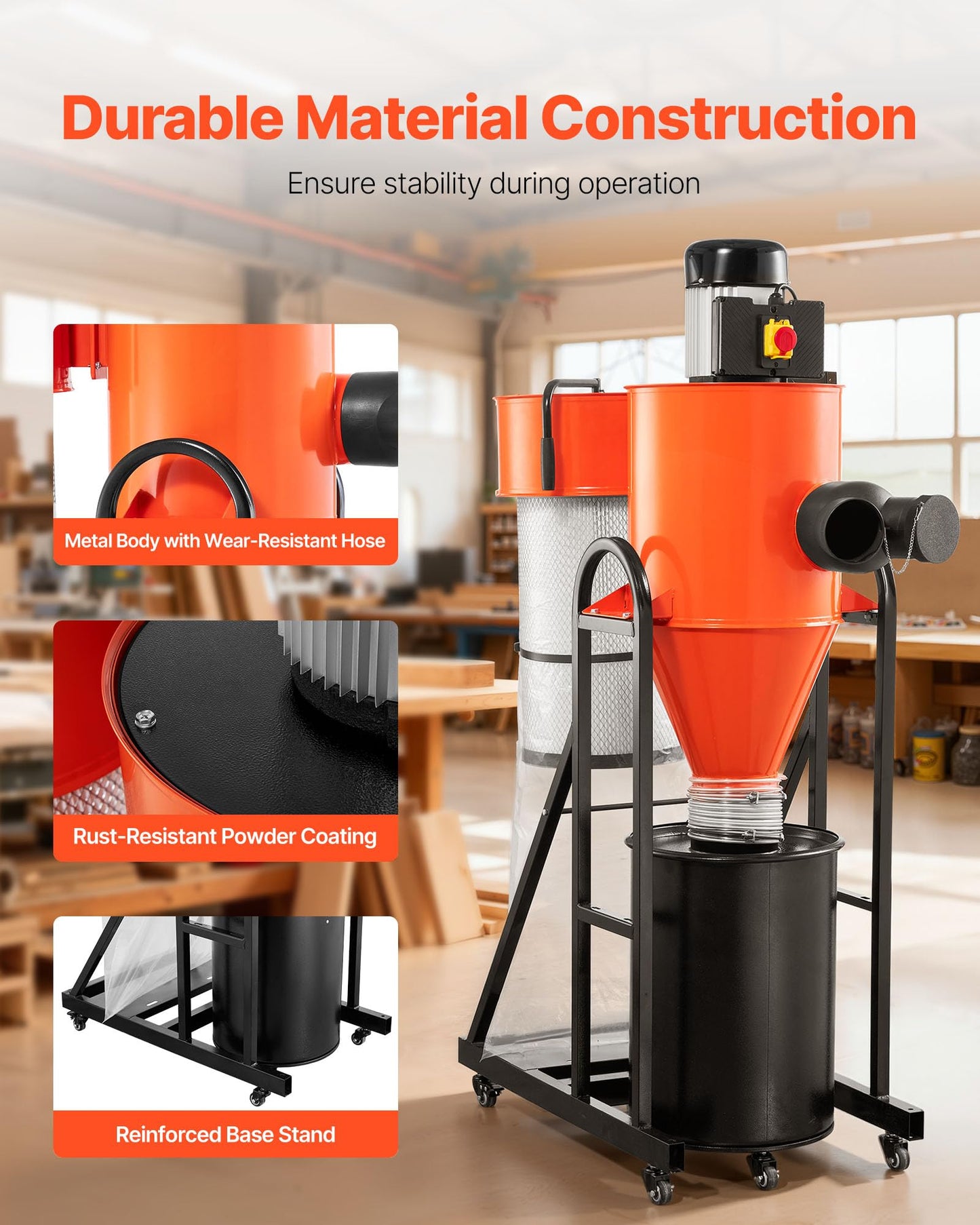 VEVOR Dust Collector, 763 CFM 1 Micron Cyclone Dust Collector, 1.5HP Dusts Collection System with 12.5-Gallon Dust Collector Bag & Base Stand, Smart Cyclone Separation, Dusts Separator for Woodworking