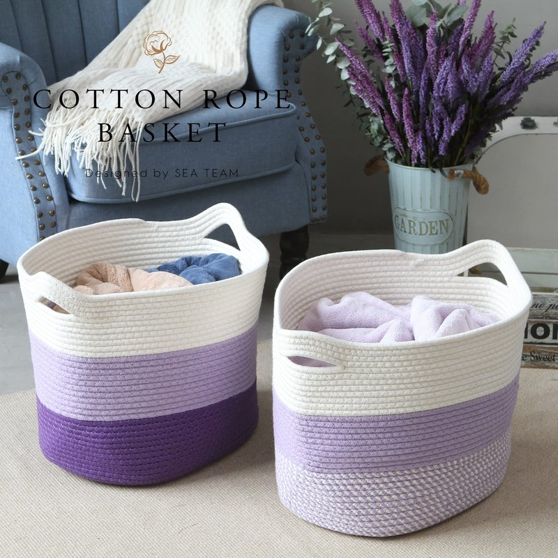 Sea Team Oval Large Cotton Rope Woven Storage Basket with Handles, Diaper Caddy, Baby Shower Basket, Nursery Nappies, Clothes Toys Organizer for Kid's Room, 16 x 13 inches, White & Lavender