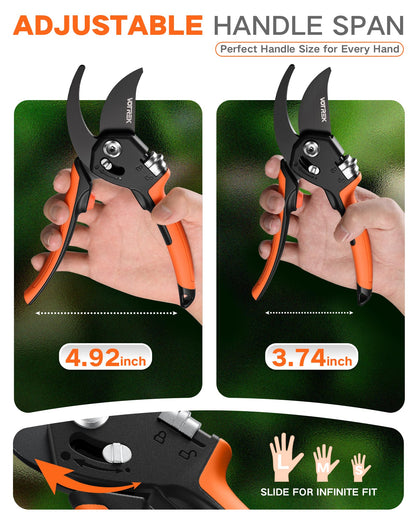 VOTREK 8.5" Pruning Shears for Gardening, 【Unique Stepless Handle Opening】Professional Bypass Garden Clipper, Heavy Duty Plant Pruners for Branch 【SK5 Steel Blades】【All Hand Sizes】,Bright Orange