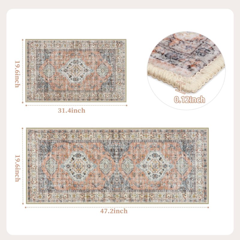 LEEVAN Kitchen Rug Set of 2, Washable Non Slip Kitchen Mat, Vintage Orange Runner Rug, Soft Standing Mat, 20''x31'+20''x47''