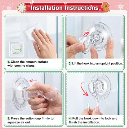 VIS'V Wreath Hanger, Large Suction Cup Wreath Hooks with Wipes, Heavy Duty, 22 LB Capacity, Removable and Reusable, Clear, 6 Pcs