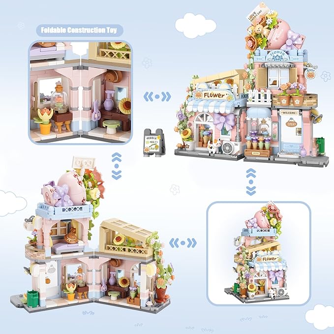 Street View Flower House Shop Mini Building Blocks MOC Creative Building Toys Cute Panda Building Set for Girls 6-12 Simulation Architecture Construction Toy Gift Idea for Kids Adults (854 PCS)
