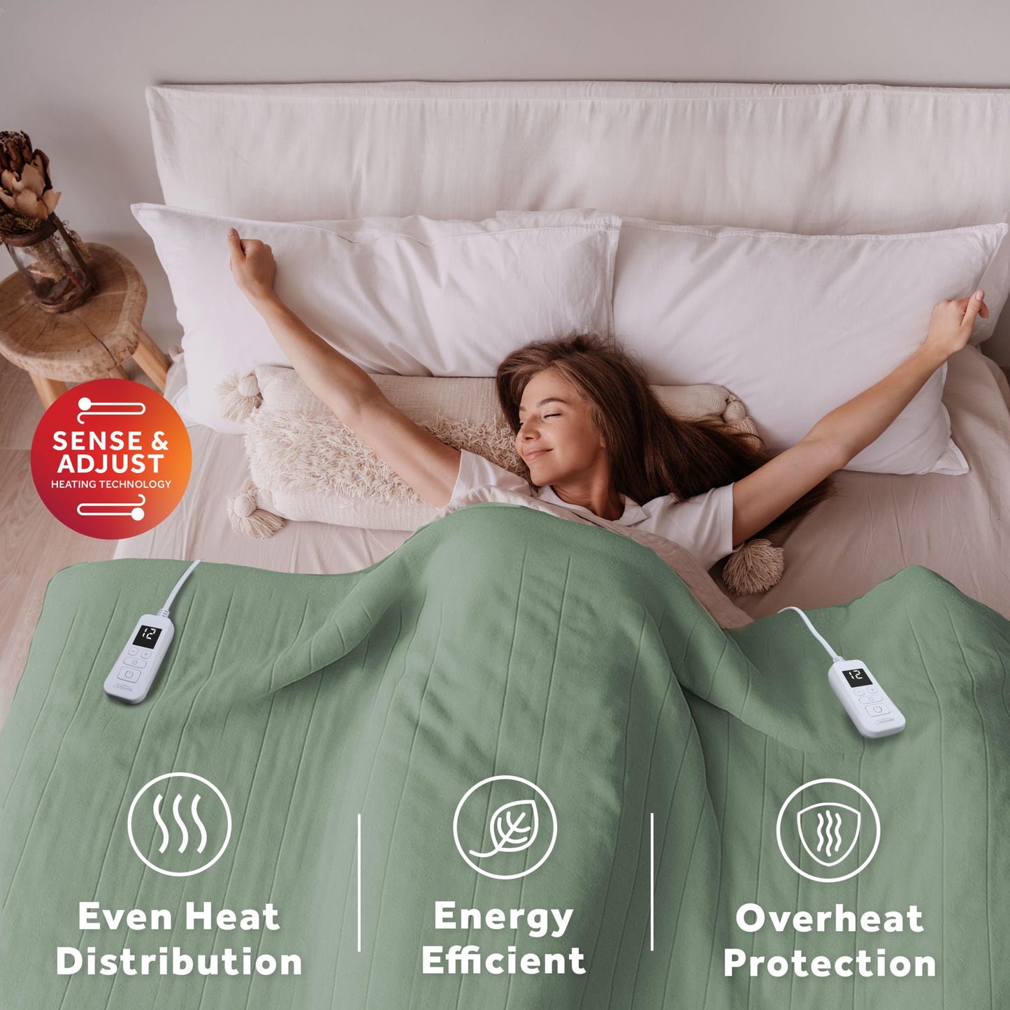 Sunbeam Royal Ultra Fleece Heated Electric Blanket King Size, 90" x 100", 12 Heat Settings, 12-Hour Auto Shut-Off, Machine Washable, Pebble Beige